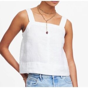 Madewell Contrast-Stitch Squareneck Top Women XS Salt White 100% Linen Coastal